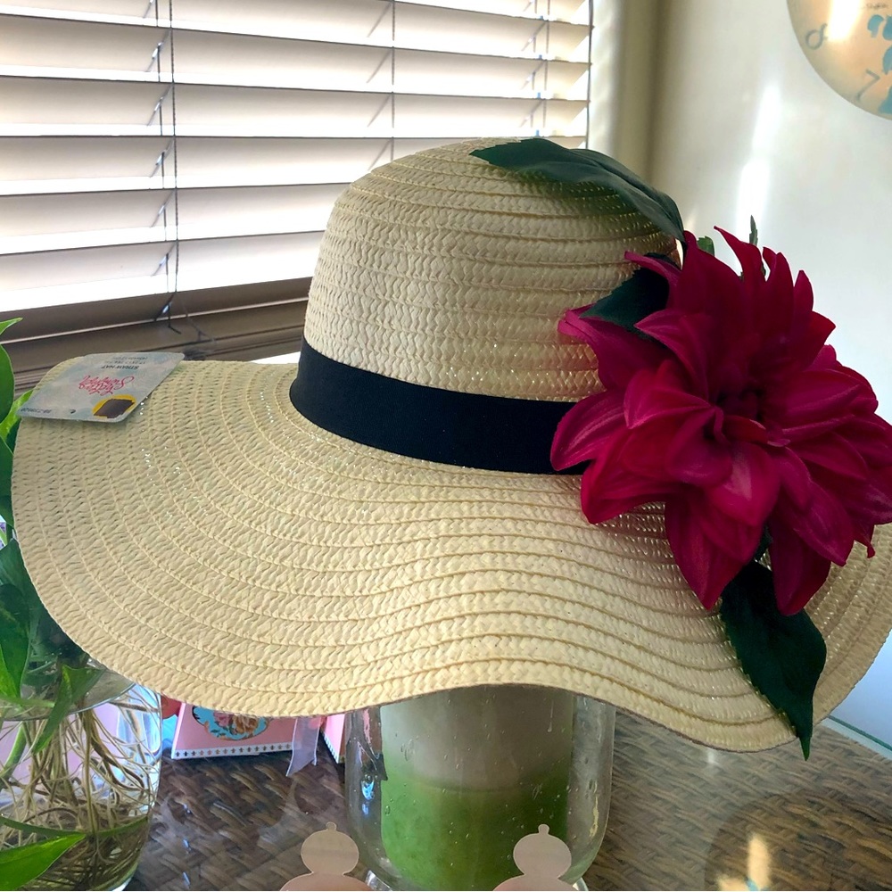 Hats by Stacy - Bright magenta flower - a black band offset-crispness straw hat
